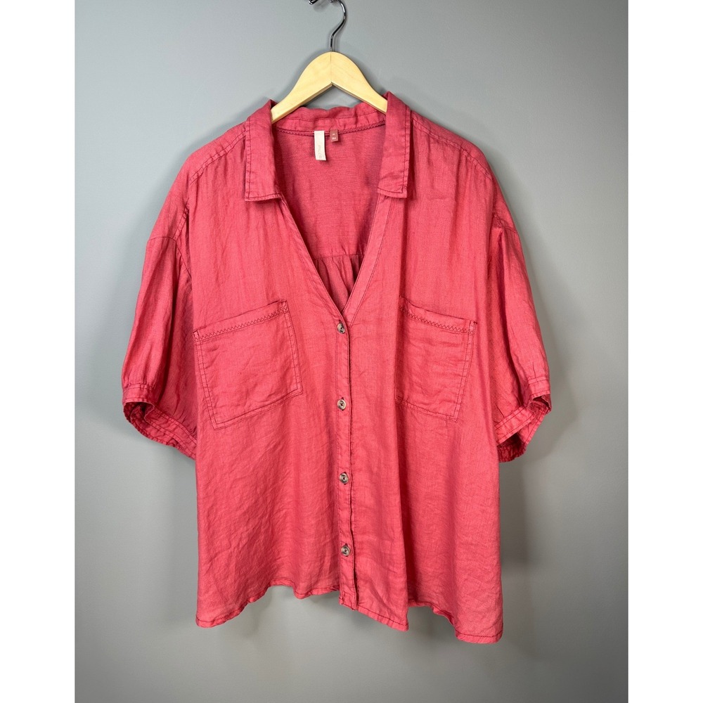 Pilcro Shirt Womens 3X Pink Short Sleeve Linen Blend Button Down Pockets